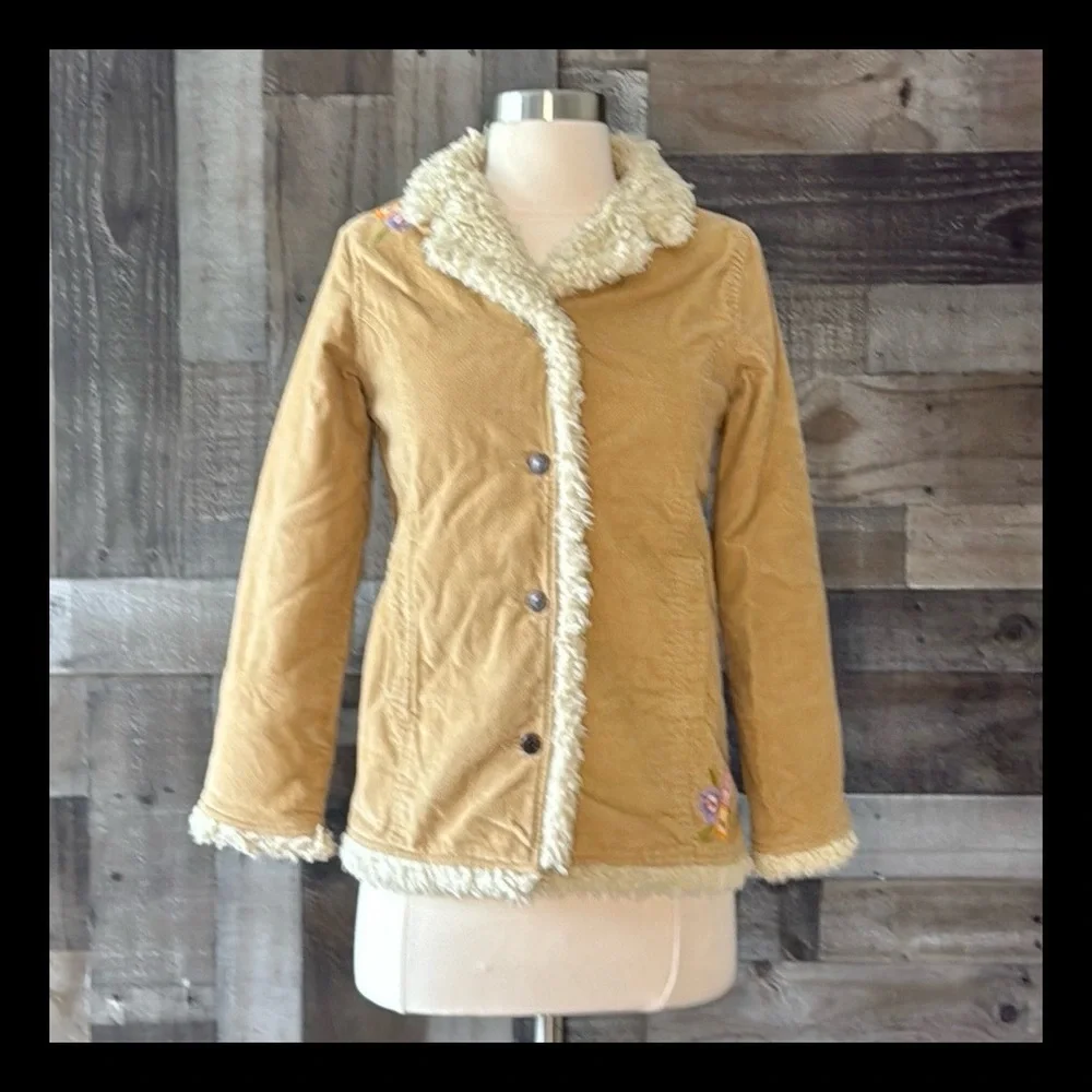 GAP Kids tan faux fur jacket girls size 10 floral boho western coastal cowgirl